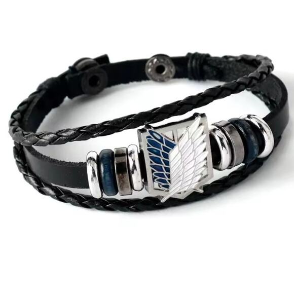 Attack on Titan Survey Corps Bracelet – Black Leather Anime Wristband - Picture 1 of 1